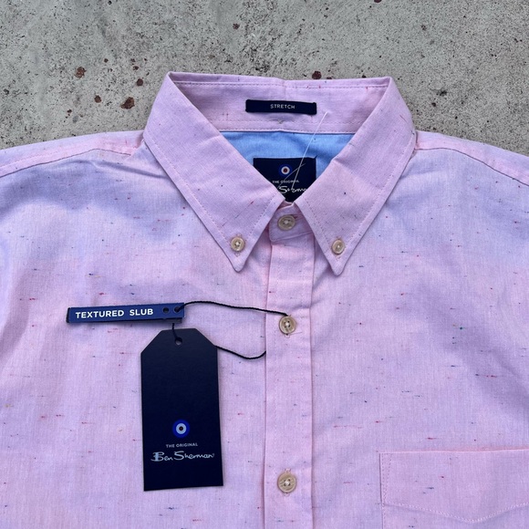 Ben Sherman Short Sleeve Slub Twill Shirt Stretch PINK Textured NEW NWT - Picture 3 of 7